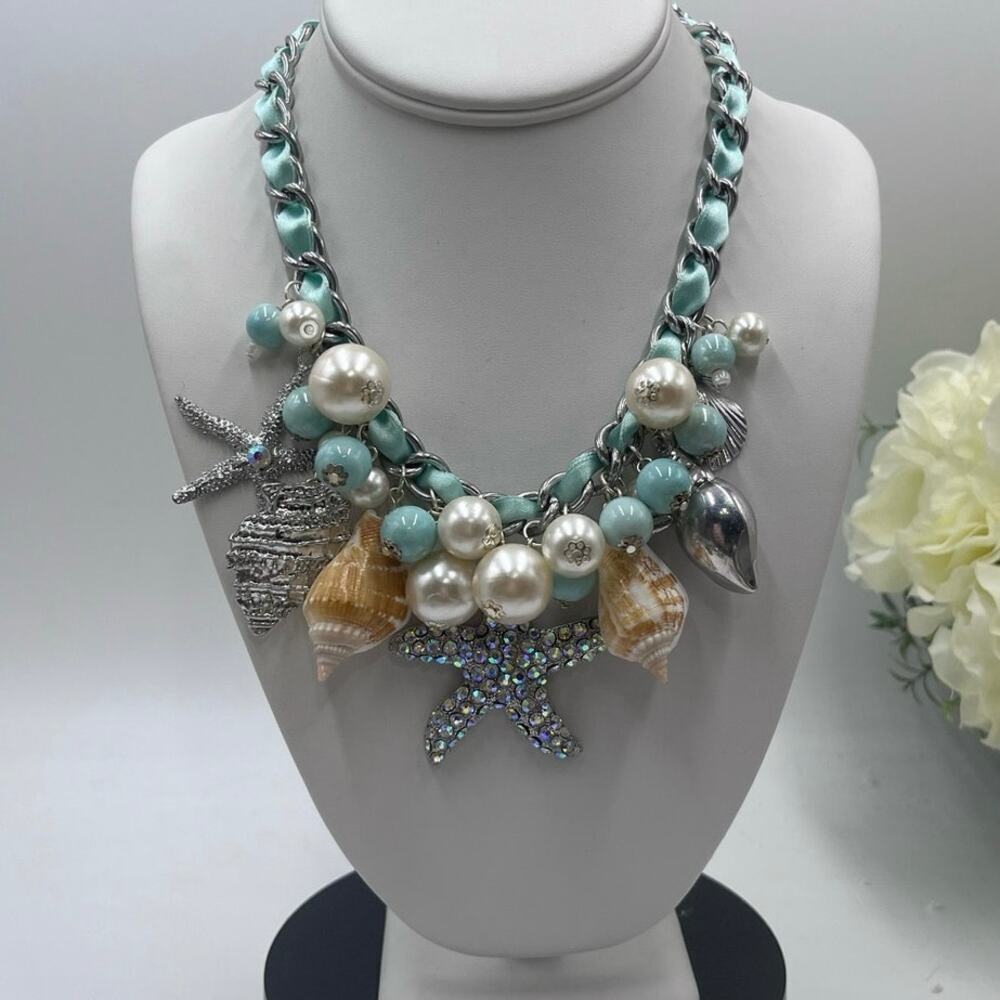 Chunky Seafoam Ribbon Silver Tone‎ Pave Starfish Shells Faux Pearls Necklace